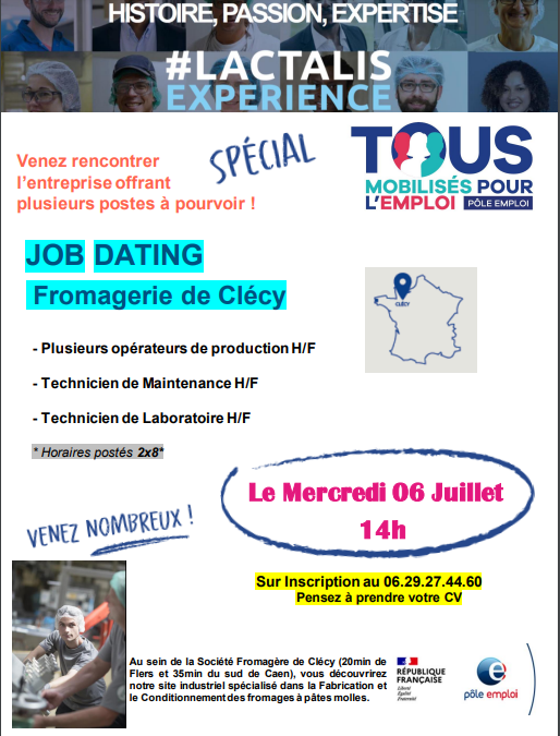Job dating pour la société fromagère de Clécy le 06 juillet 2022