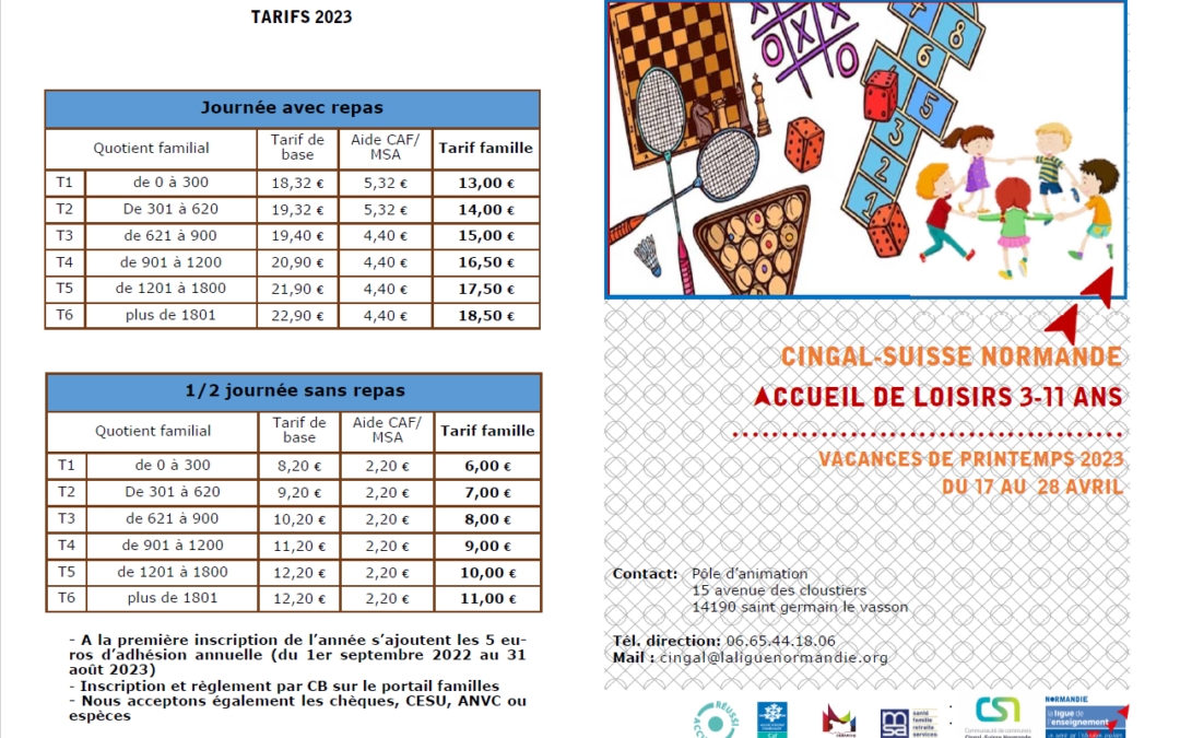 Accueil collectif de mineurs (3-11 ans) – Vacances de Printemps 2023