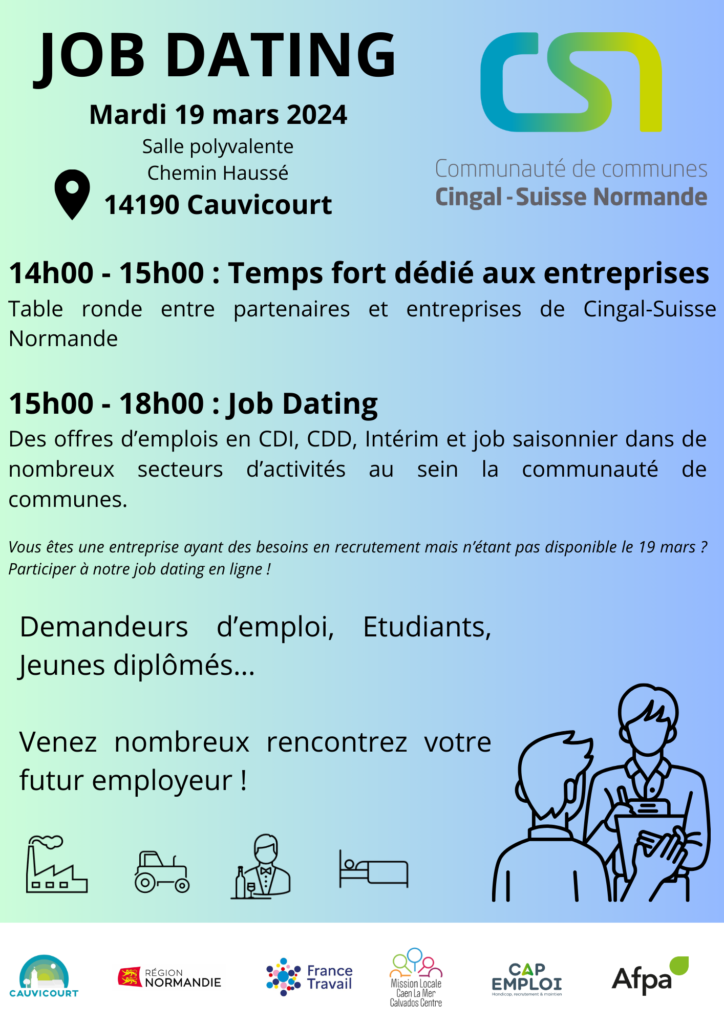 Emploi – Formation : Job-Dating le mardi 19 mars à la salle polyvalente de Cauvicourt