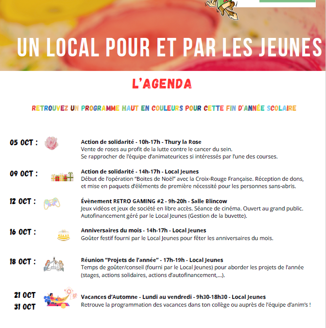 Programme du mois d’octobre Local Jeunes UFCV de Thury-Harcourt-le-Hom
