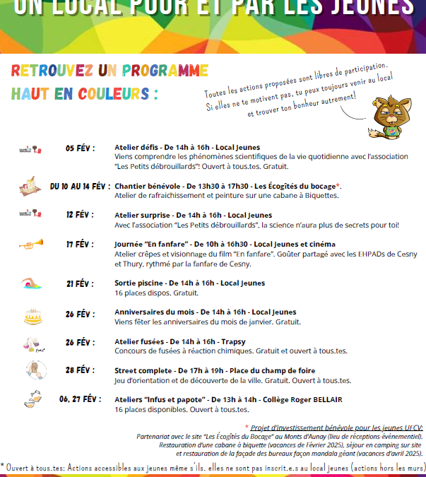 Programme du mois de février Local Jeunes UFCV à Thury-Harcourt-le-Hom