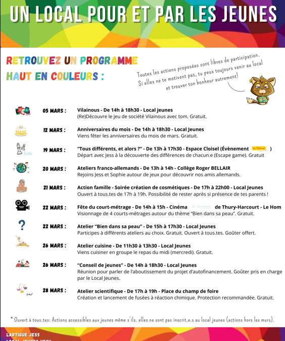 Programme du mois de mars Local Jeunes UFCV à Thury-Harcourt-le-Hom
