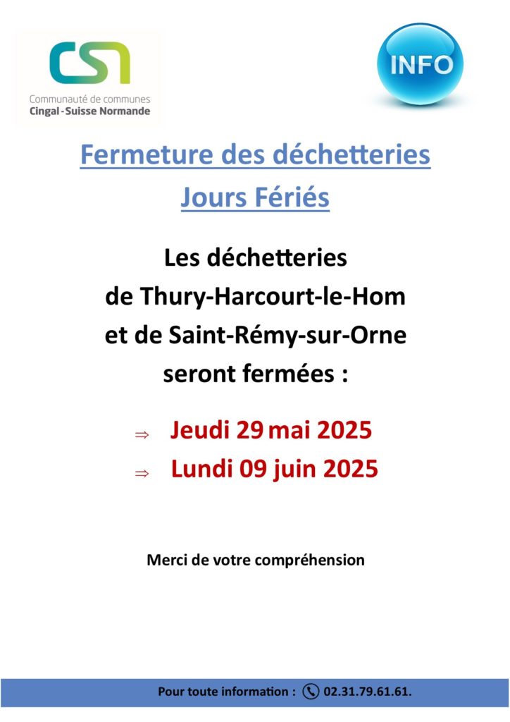 Jours fériés : Fermeture des déchetteries à Thury-Harcourt-le-Hom et Saint-Rémy-sur-Orne