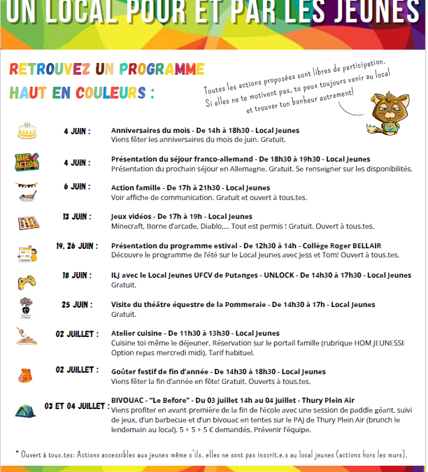 Programme du mois de juin Local Jeunes UFCV à Thury-Harcourt-le-Hom
