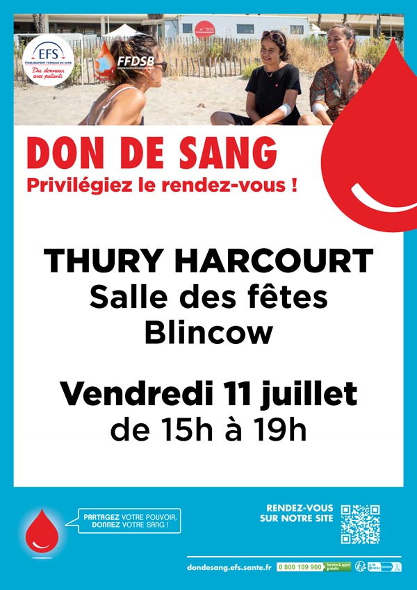 Collecte de sang à Thury-Harcourt-le-Hom le vendredi 11 juillet de 15h à 19h