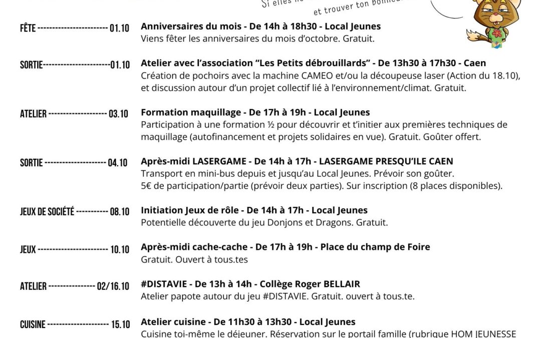Programme Local Jeunes UFCV – Vacances d’octobre
