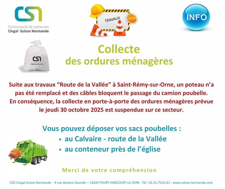 Collecte des ordures ménagères à Saint-Rémy-sur-Orne le jeudi 30 octobre 2025