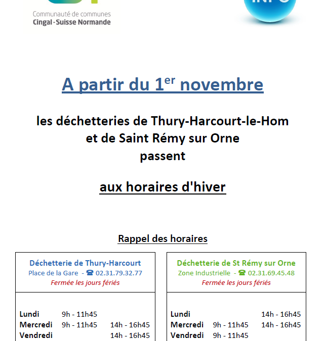 1er novembre 2025 : passage aux horaires d’hiver pour les déchetteries de Thury-Harcourt-le-Hom et de Saint-Rémy-sur-Orne