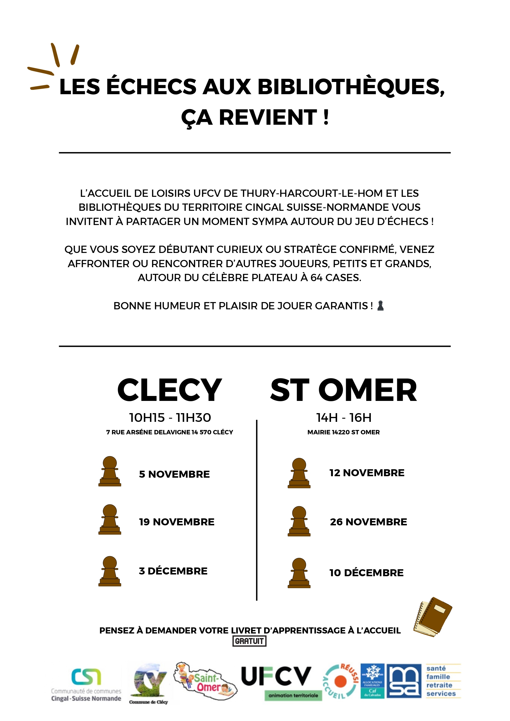 Ateliers jeux d’échecs en bibliothèque – novembre et décembre 2025