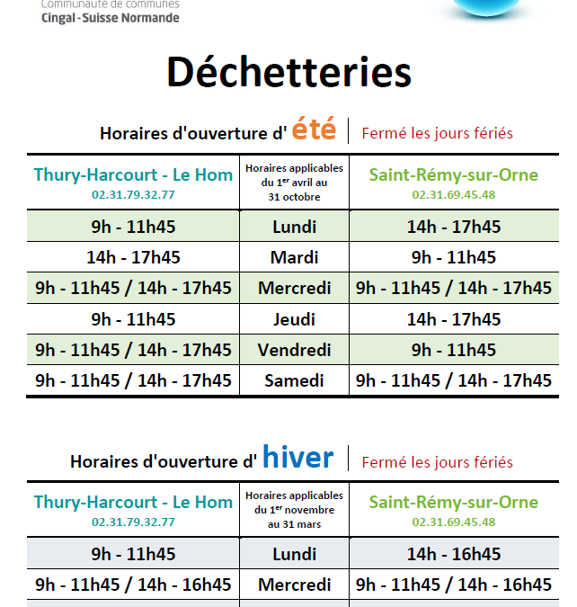 Passage aux horaires d’été pour les déchetteries de Thury-Harcourt-le-Hom et de Saint-Rémy-sur-Orne