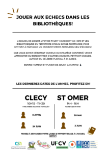 Prochaines séances de jeux d’échecs dans les bibliothèques de Clécy et Saint-Omer