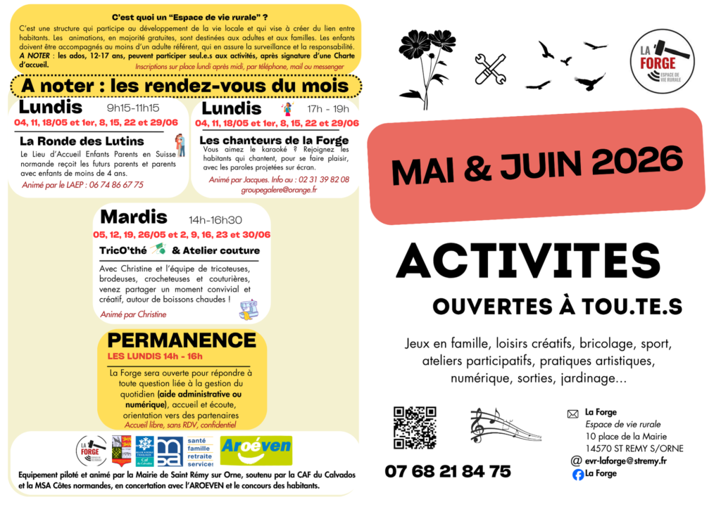La Forge à Saint-Rémy-sur-Orne : Programme d’activités en mai et juin