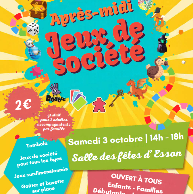 Après-midi jeux de société organisé par l’APE “Les Trois Villages”  le samedi 3 octobre à Esson